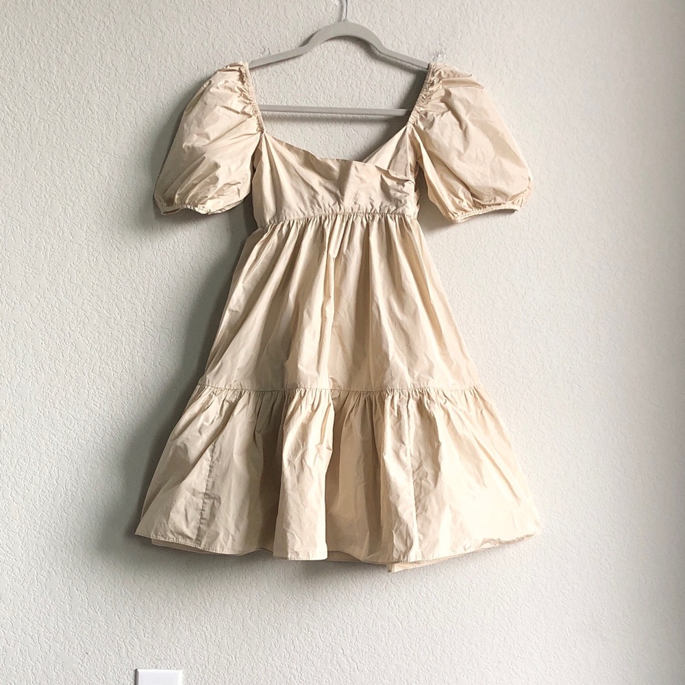 Aritzia Wilfred Puff Sleeve Tie Back Mini Dress Beige XS